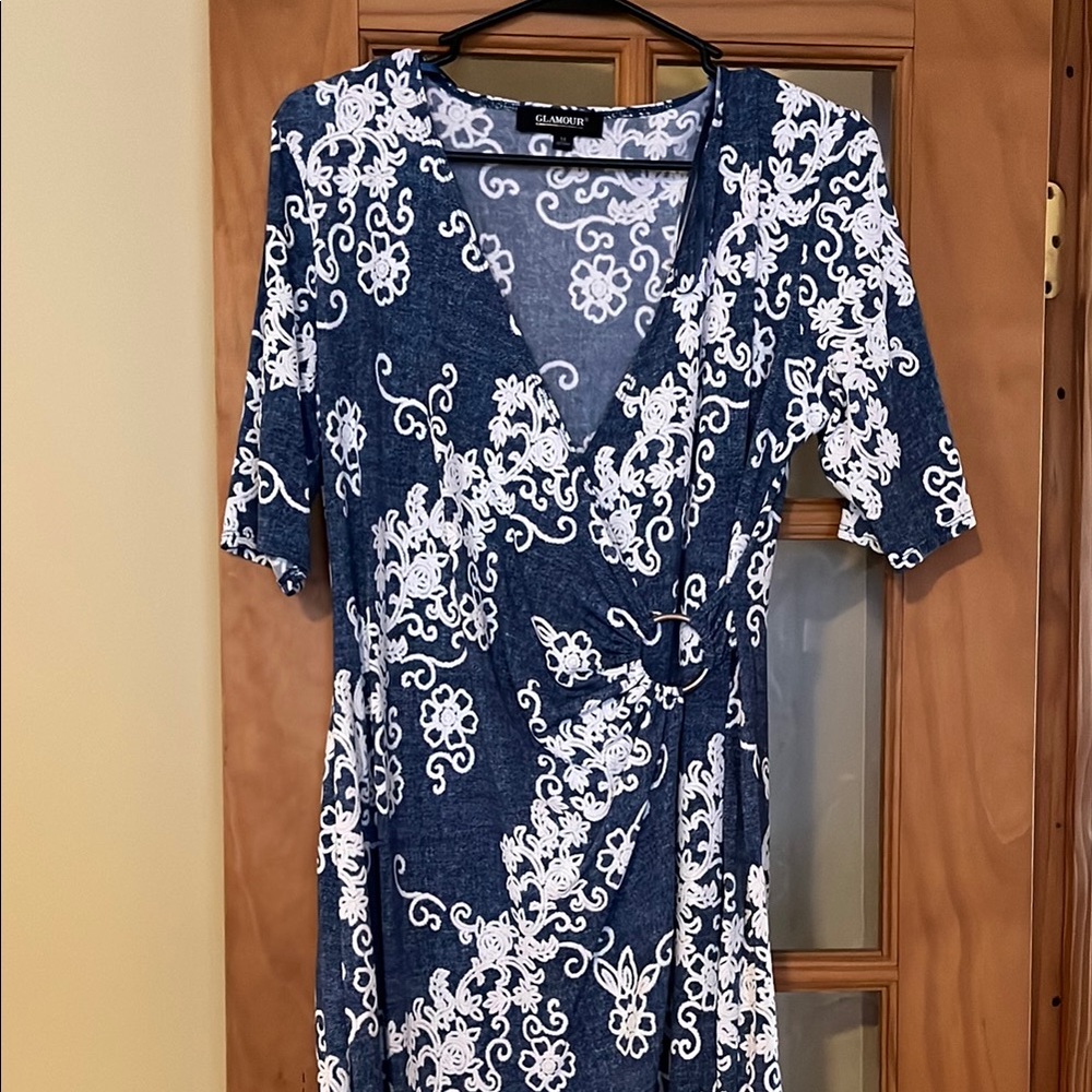 Glamour Navy and White Floral Wrap Dress